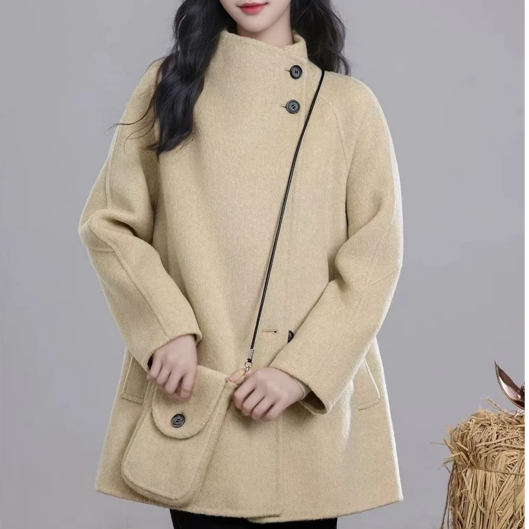 25冬设计感立领斜门襟羊毛双面呢大衣中长款减龄附带小包包15932