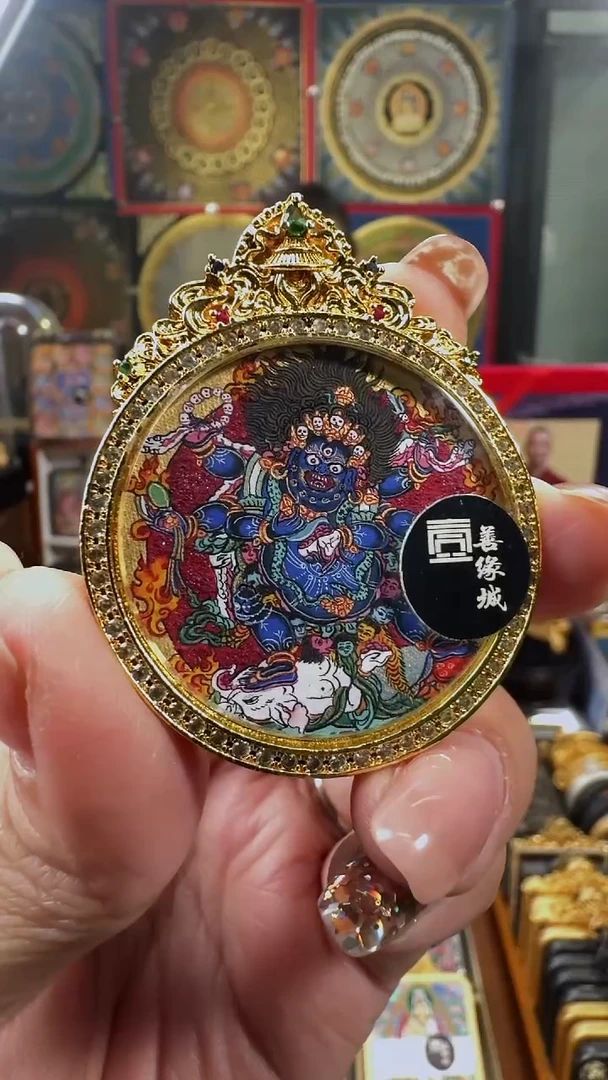 吊坠壹善缘城手绘唐卡六臂大黑天铜壳双面