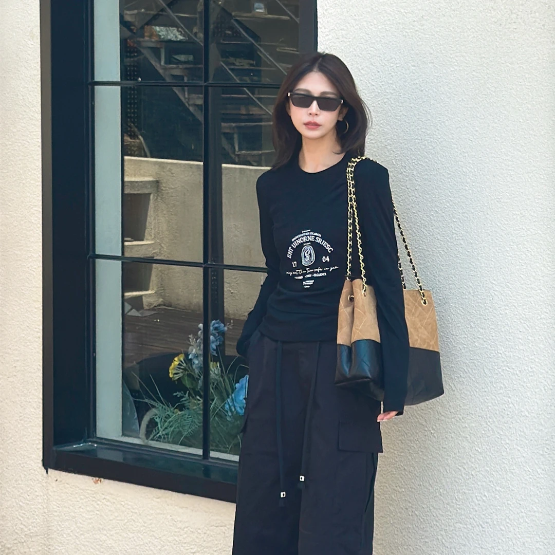 LYXZ x 大小与【假两件】早秋新款假两件长袖T恤圆领字母上衣79722