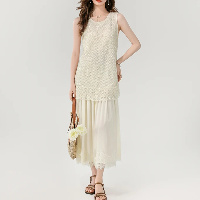 TUBREIT/图百年新款圆领重工蕾丝亮片高级感蕾丝边长款连衣裙裙子