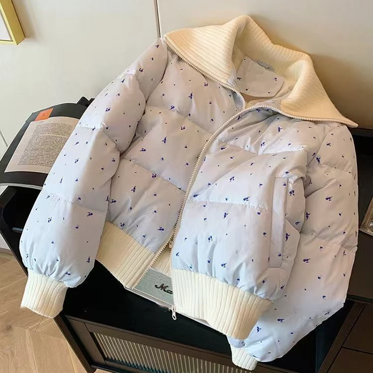 甜美碎花翻领棉服外套女冬季蓝色设计感小众拼接拉链棉衣棉袄ins