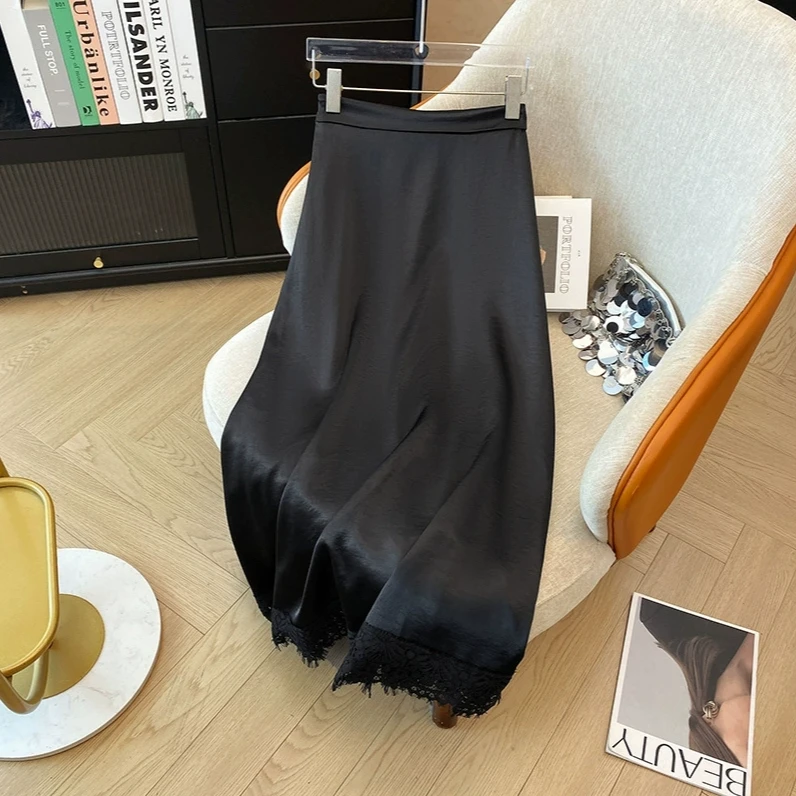 春季新款气质拼接蕾丝醋酸缎面半身裙女松紧腰显瘦时尚百搭半裙