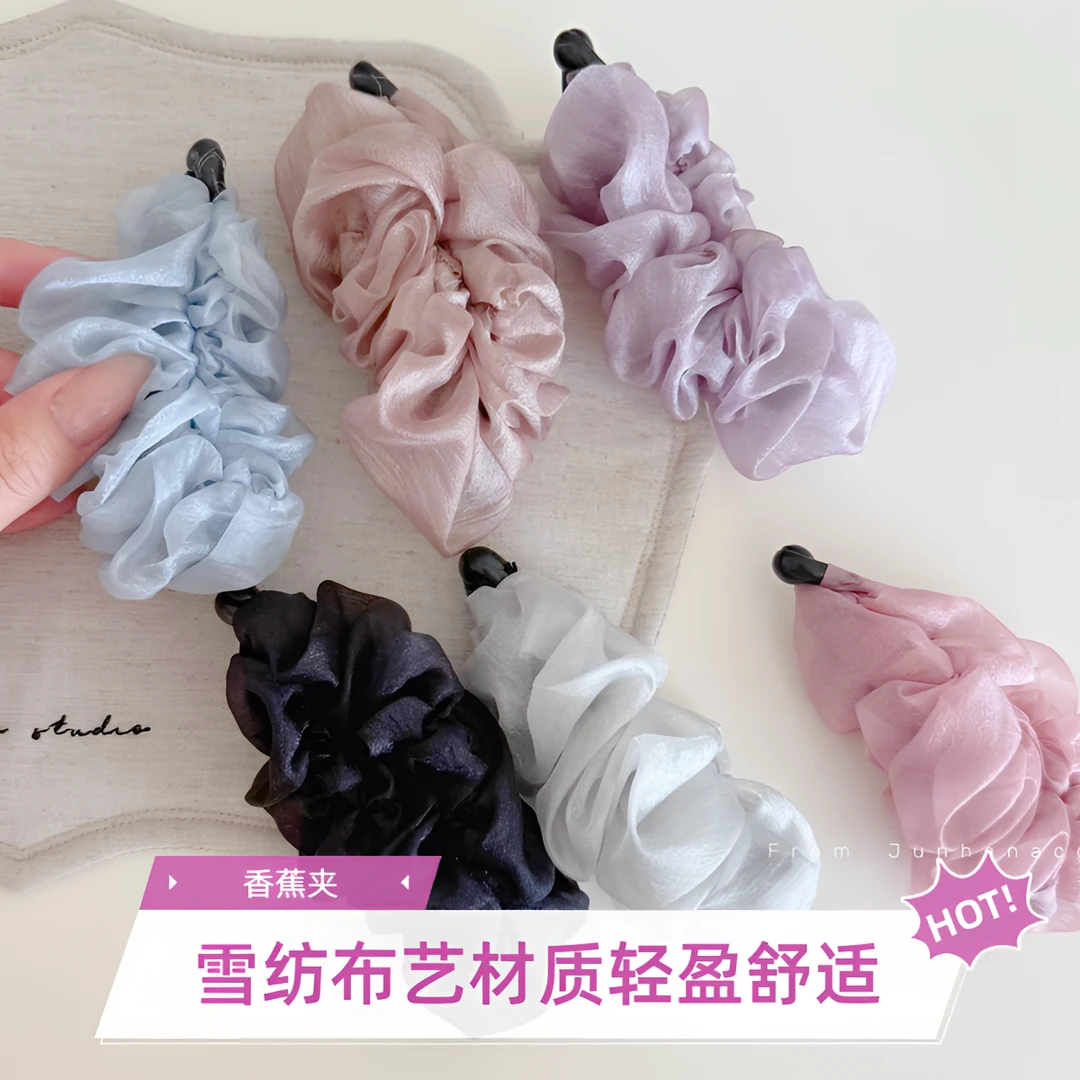 angel穿搭雪纺布艺褶皱防滑竖式高马尾发夹香蕉夹推荐气质扎发发