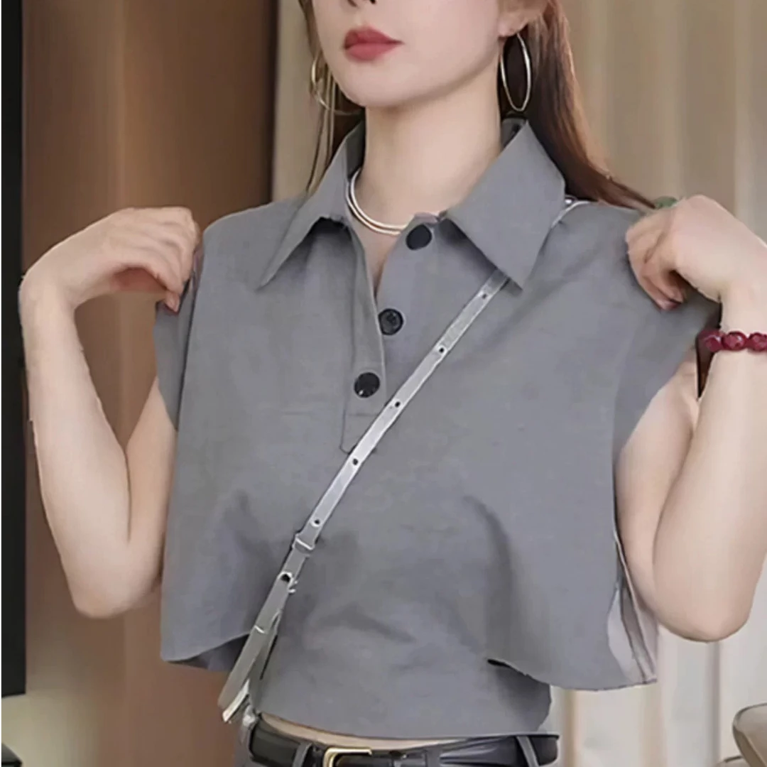 时尚镂空宽松型POLO领无袖T恤显瘦0g夏季外穿翻领拼色短款