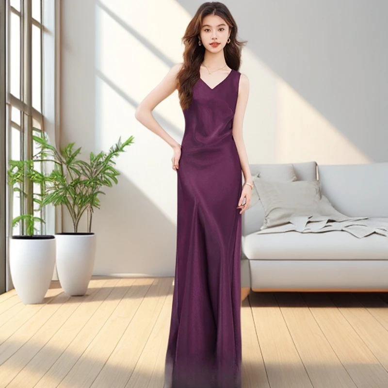 高端紫色法式v领连衣裙显瘦春秋醋酸缎面轻奢性感背心吊带长裙子