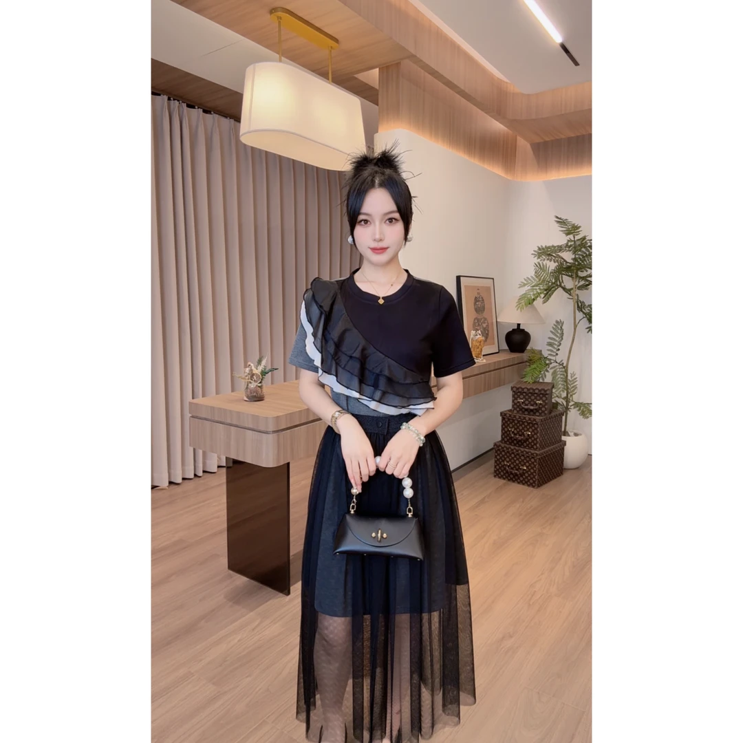 7162 鱼鱼严选夏季新款法式木耳边拼接款撞色百搭显瘦 两件套套裙