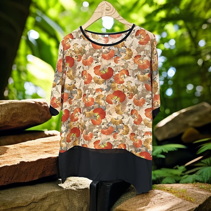 短袖女装中年妈妈装时尚小衫休闲风夏季条纹个性印花宽松型上衣