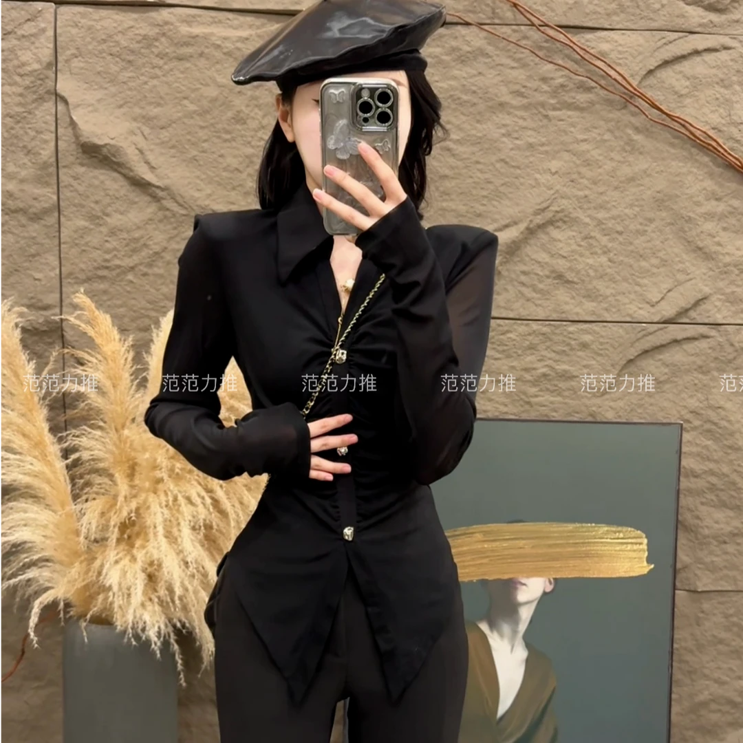 【范范力推】2025春季新款褶皱长袖衬衣女翻领修身打底衫