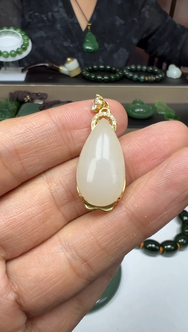 颈饰银S925镶嵌和田玉【老马】和田玉白玉水滴约30