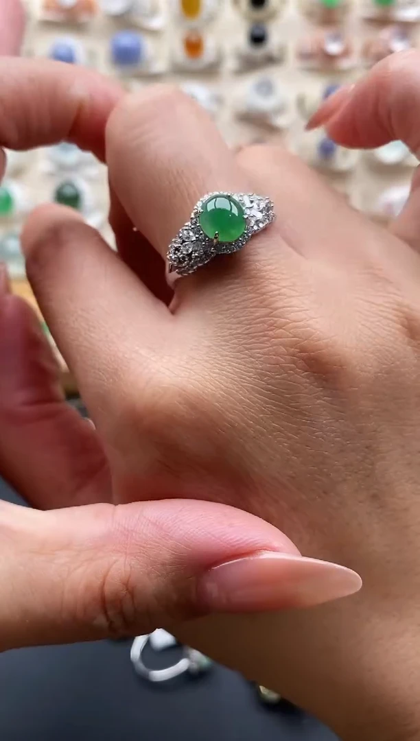 银S925镶嵌戒指翡翠缅甸天然A货翡翠1 7-7