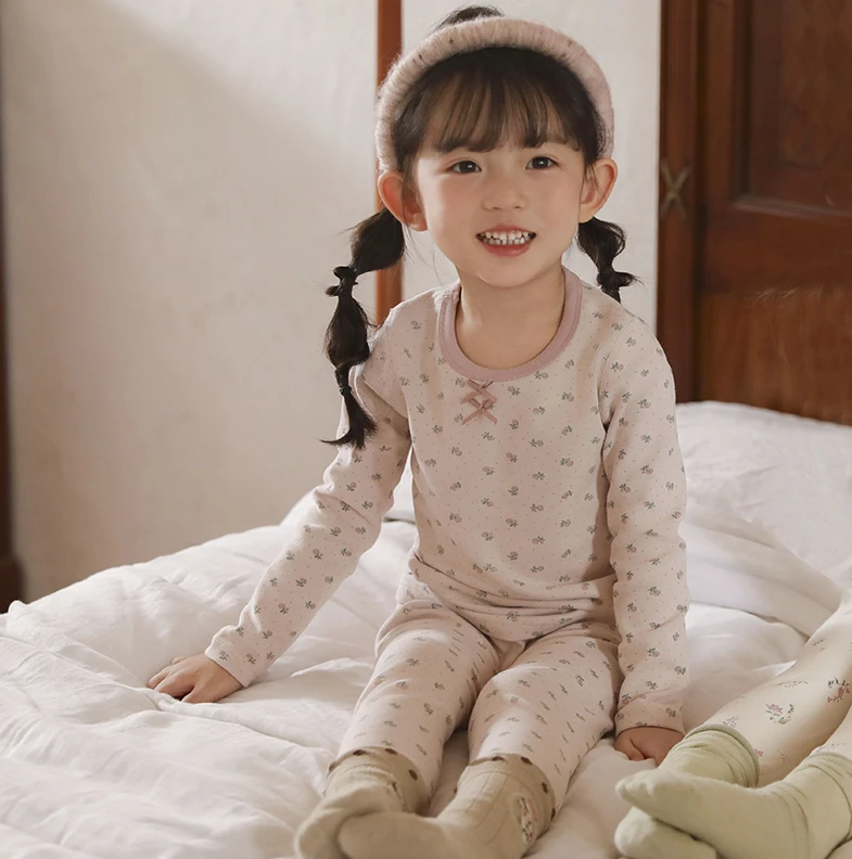 A20 儿童秋衣套装  粉点点花朵【280克棉】