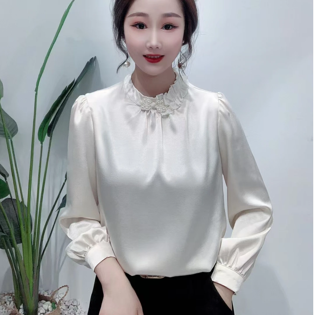 法式衬衫女气质木耳领上衣洋气缎面小衫遮肉显瘦打底衫