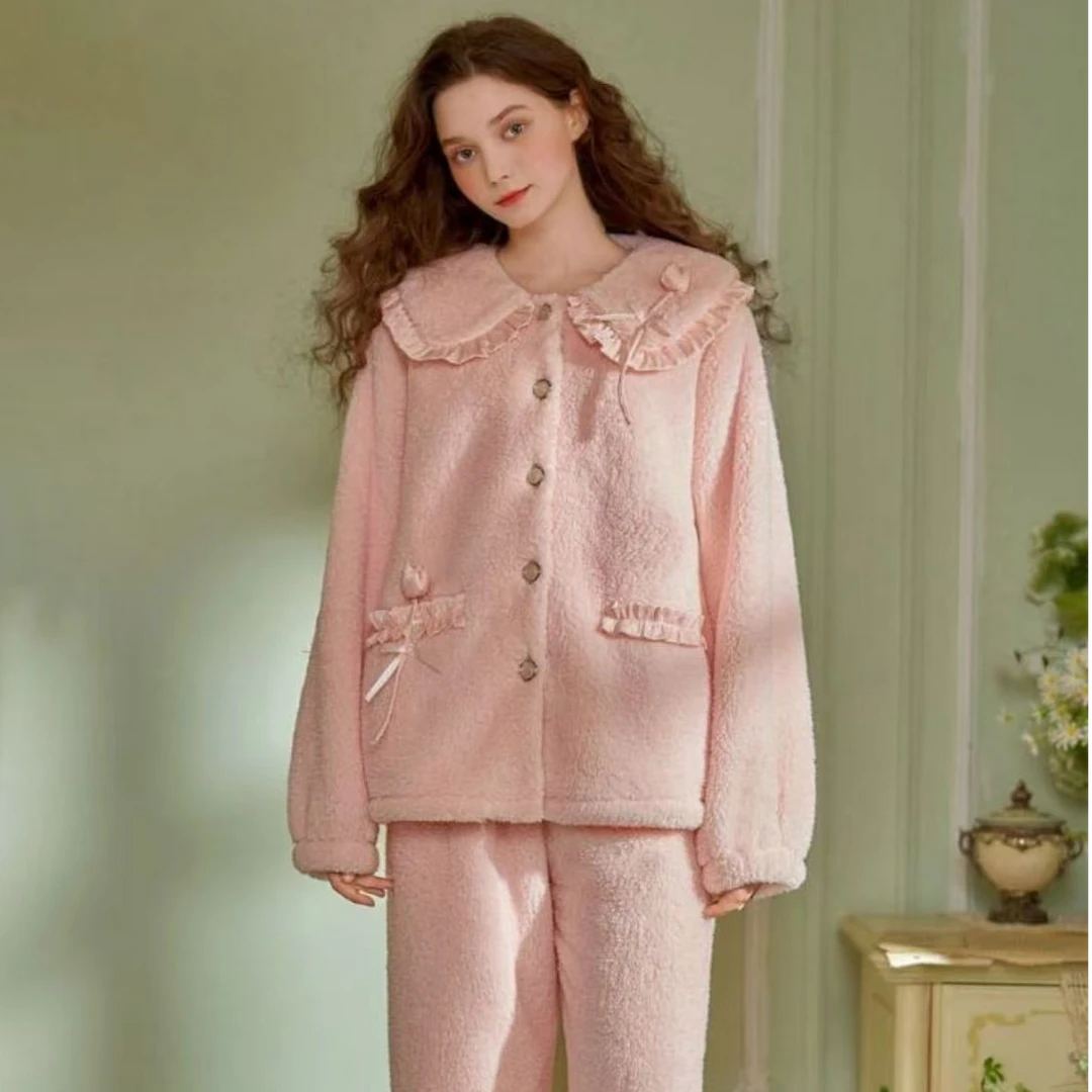 雪肤绒睡衣女2024新款冬季加绒加厚保暖套装甜美减龄可外穿家居服