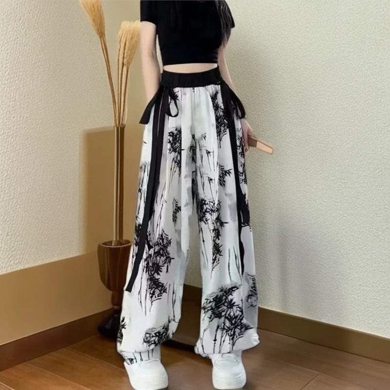 阔腿裤小个子冰丝运动宽松水墨画薄款国风飘带直筒垂感夏季裤子女