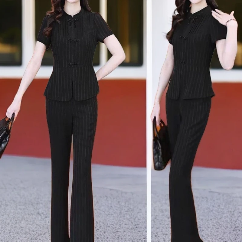 时尚短袖套装女2025夏季新款气质显瘦国风盘扣条纹上衣裤子两件套