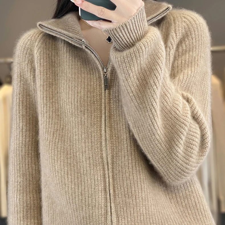100纯羊毛高领拉链开衫女加厚针织上衣D368清