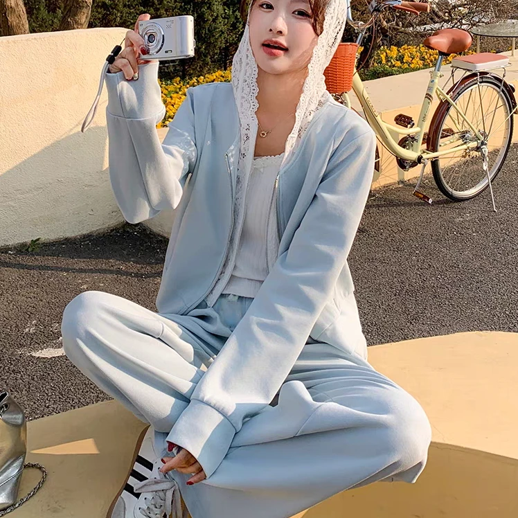 226-2时尚洋气减龄连帽蕾丝卫衣阔腿裤两件套新款休闲运动套装女
