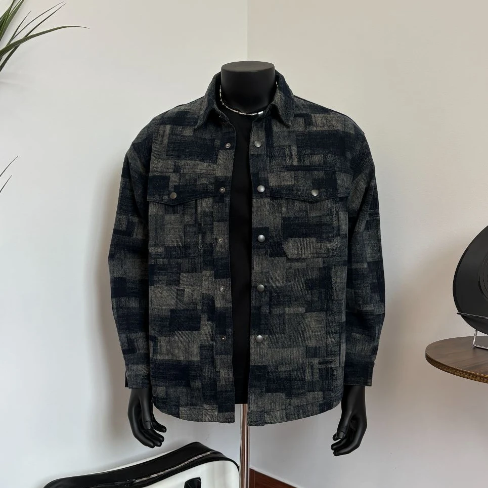 HAOZ秋季休闲复古拔印格纹牛仔外套翻领牛仔夹克衬衣外套男3039