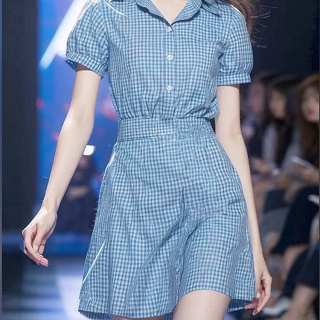 茶歇法式气质蓝色格纹连衣裙  JYFMXX2024 032512