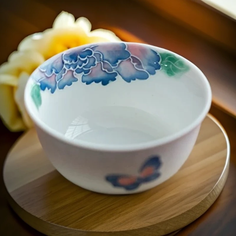 05纯手工手绘釉下彩有田烧蝴蝶主人杯