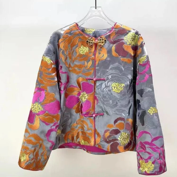 新中式女刺绣春季单排扣短外套国风长袖百搭双面休闲女装圆领