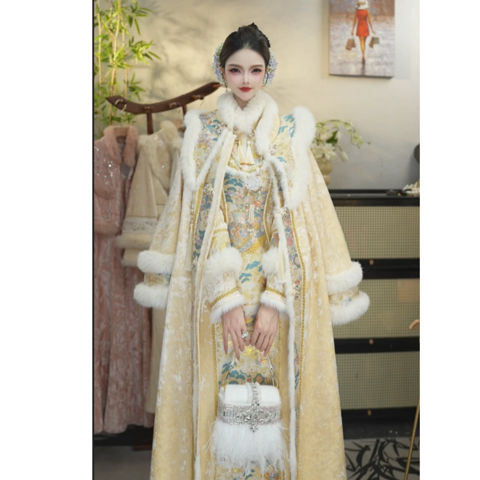 【花享悦·杏雪凝霜】冬季黄粉复古加绒显瘦保暖女装套装（5444+5454）