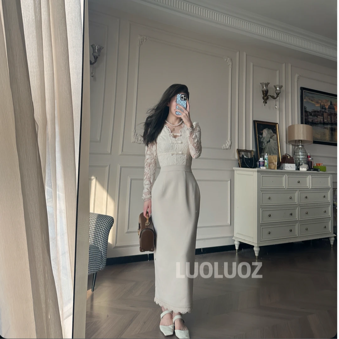 LUOLUOZ【樱花漫影】棉材质气质V领收腰秋季长款时尚连衣裙JF1006