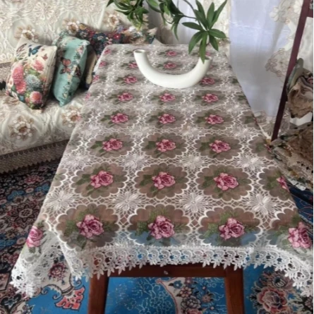 ZN004-106玻璃砂【90*150】高织高密玻璃砂白粉十字绣水溶边桌布