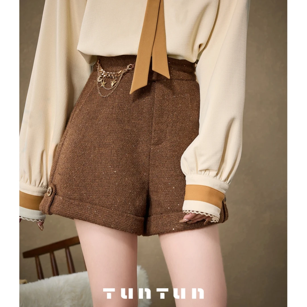 小众设计 【栗栗塔 咖色】珠片细闪 百搭高腰精致后腰松紧短裤