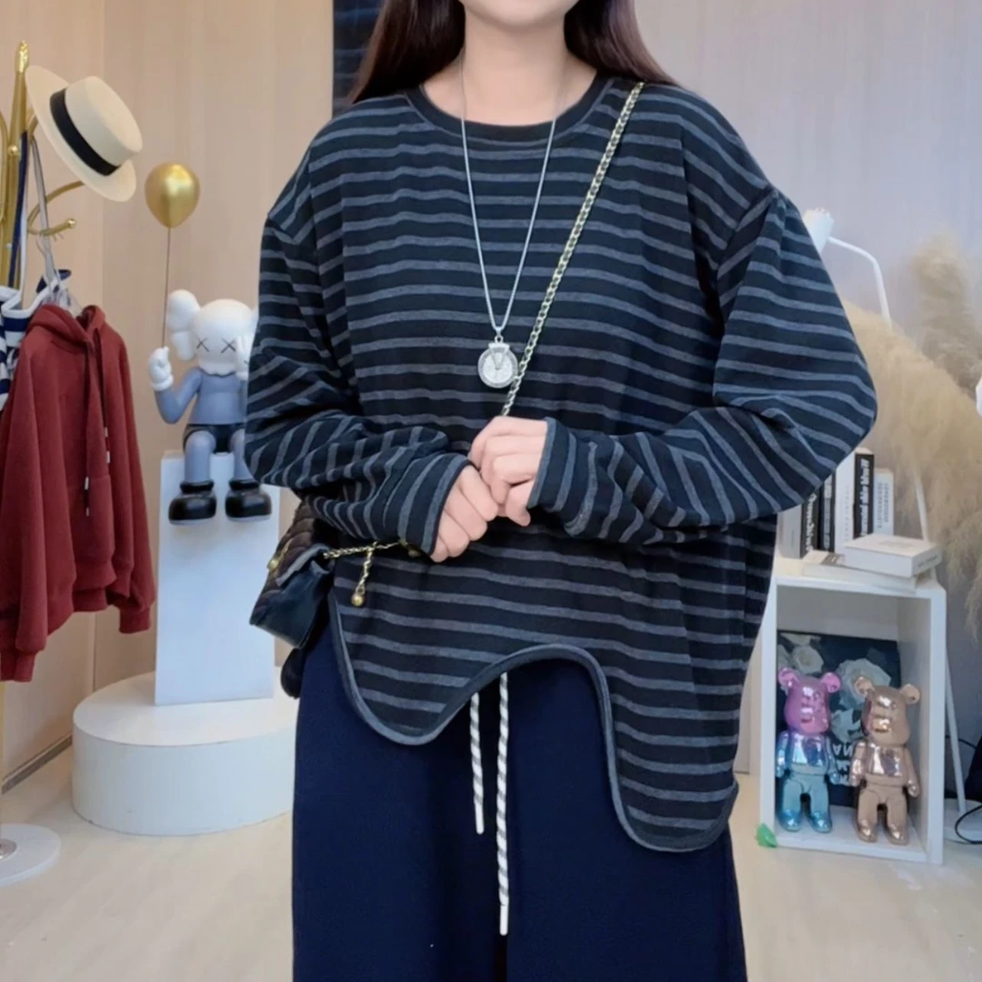 2025秋季新款韩版休闲圆领上衣宽松条纹长袖卫衣女B202