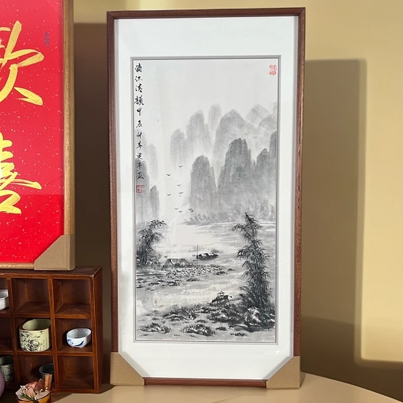 唐，建平带框乌檀木直角-90*45cm-漓江清韵山水-家居挂画
