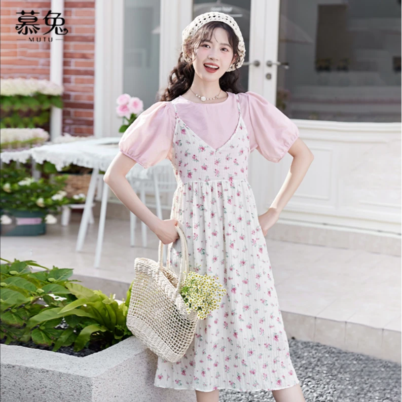 【现货~拍下短袖+裙子】蕾丝泡泡袖衬衫搭配碎花吊带裙女时尚两件