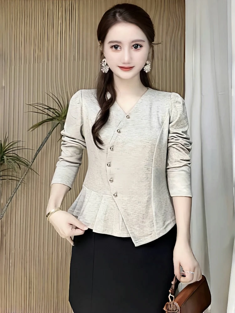 秋季爆款V领设计百搭时尚显气质女士长袖上衣