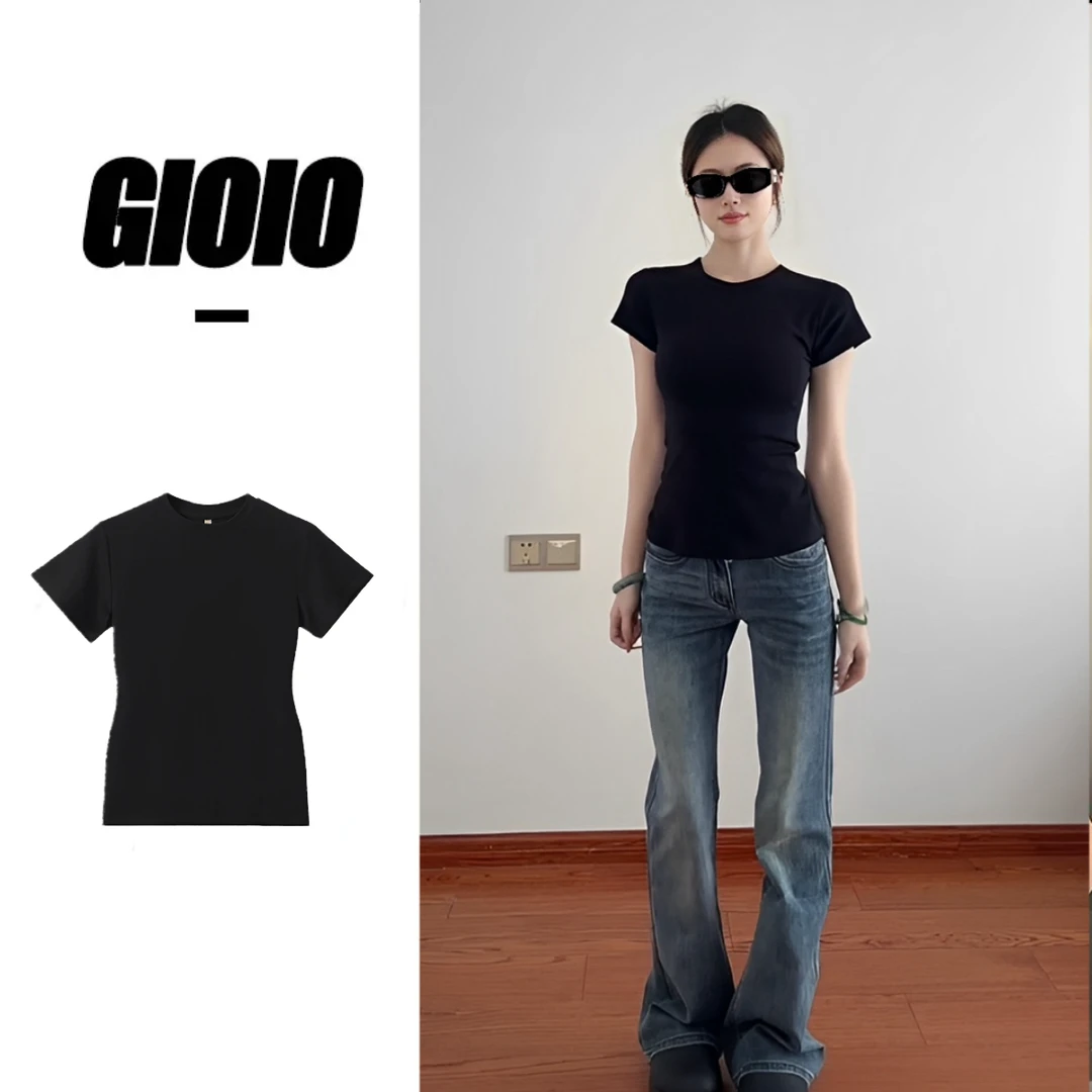 GIOIO「收腰修身款」韩系短袖t恤女圆领休闲黑色瘦身显瘦甜美上衣女