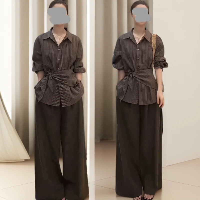 2025春秋季新款条纹长袖衬衫收腰休闲简约上衣女阔腿拖地裤两件套