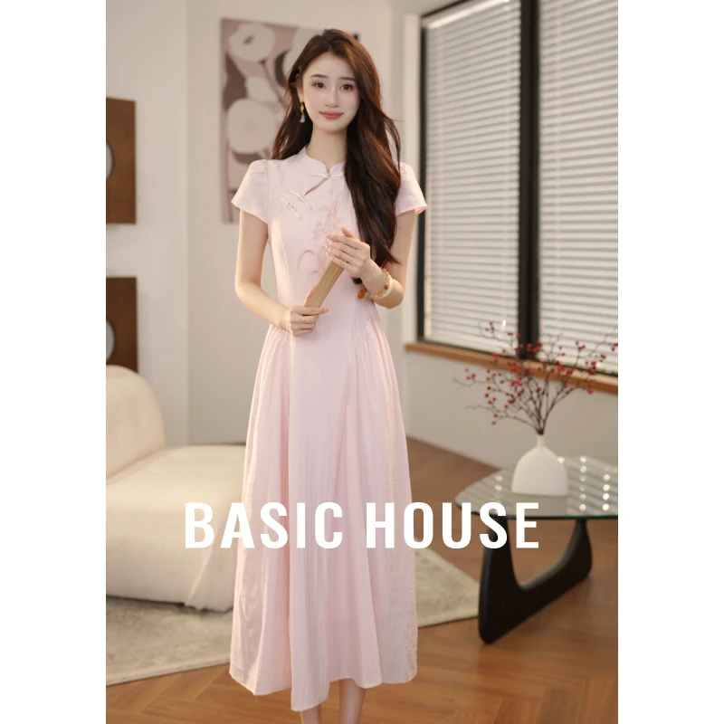 Basic House/百家好欧若刺绣中式无袖蓝粉旗袍新中式B1195B5U692
