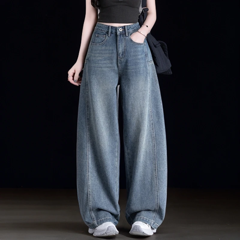 蓝色弯刀牛仔裤女秋冬季女裤美式裤子小众炸街直筒加绒加厚阔腿裤