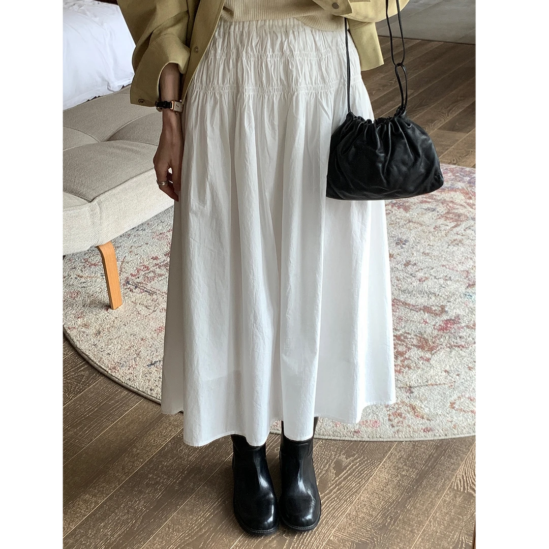 清 2223 韩系时尚小众高腰压褶半身裙女松紧腰小个子减龄中长裙