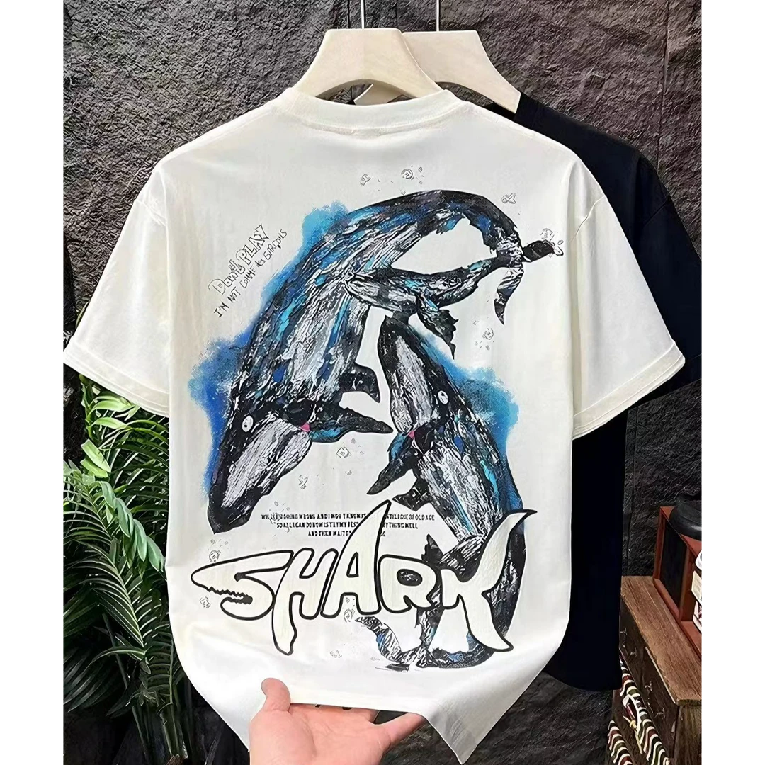 2025爆款男装新款星河幽魂鲨纯棉短袖t恤夏季个性百搭印花圆领潮