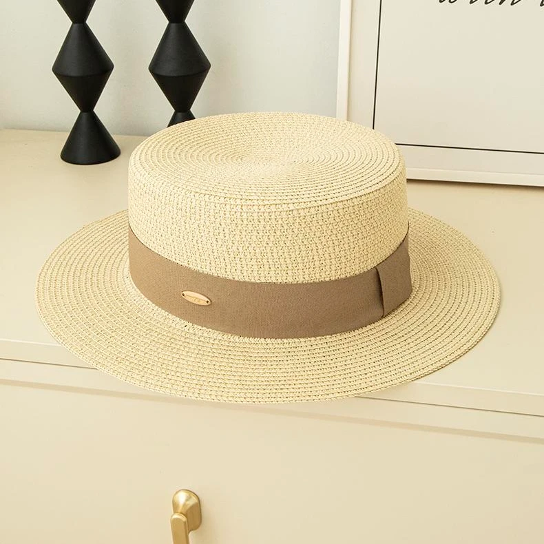 户外简约草帽气质复古编织平顶防晒帽遮阳夏时尚百搭韩版草编帽子