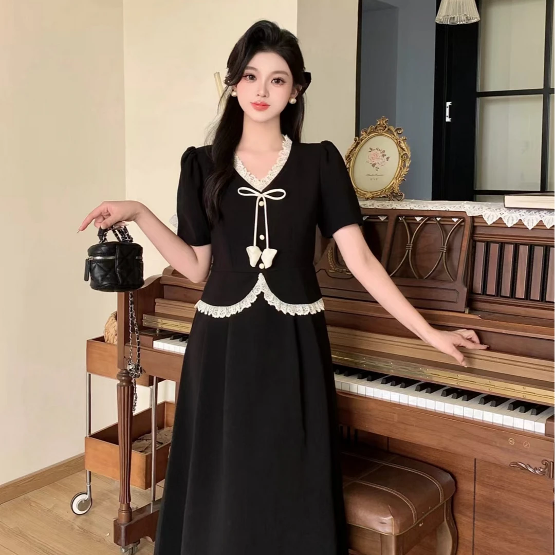 （现货）大码法式胖mm蕾丝V领设计感撞色收腰显瘦假两件连衣裙1508