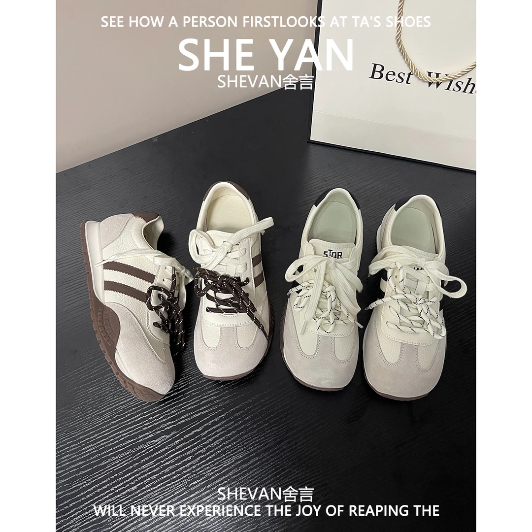 羊皮版~复古德训鞋女2025新款透气软底双系带轻便阿甘鞋小白鞋