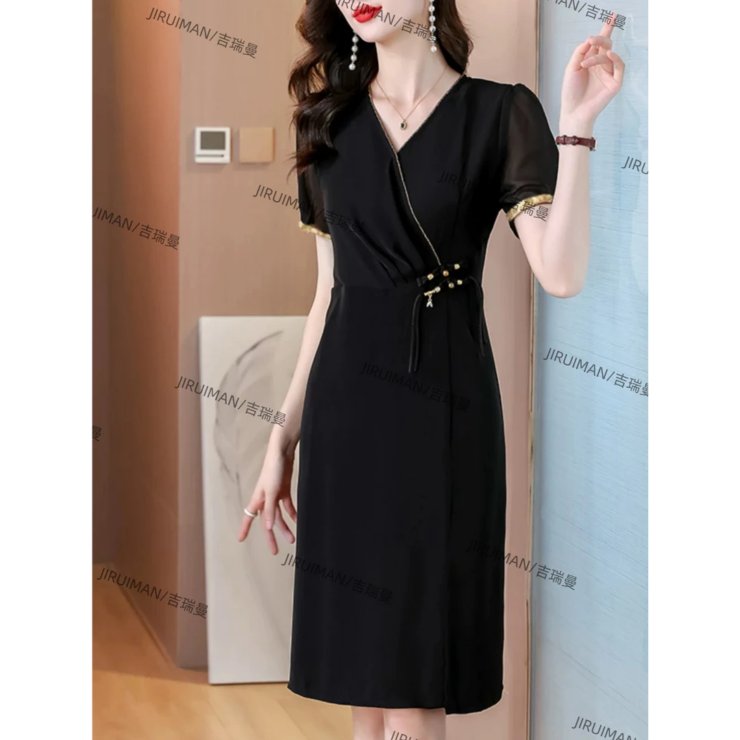 A750网纱连衣裙V领斜襟优雅新中式拼接连衣裙