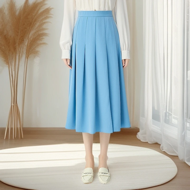 哥弟半身裙蓝色春夏款蓝色高腰百褶裙经典高级感气质裙子1200325