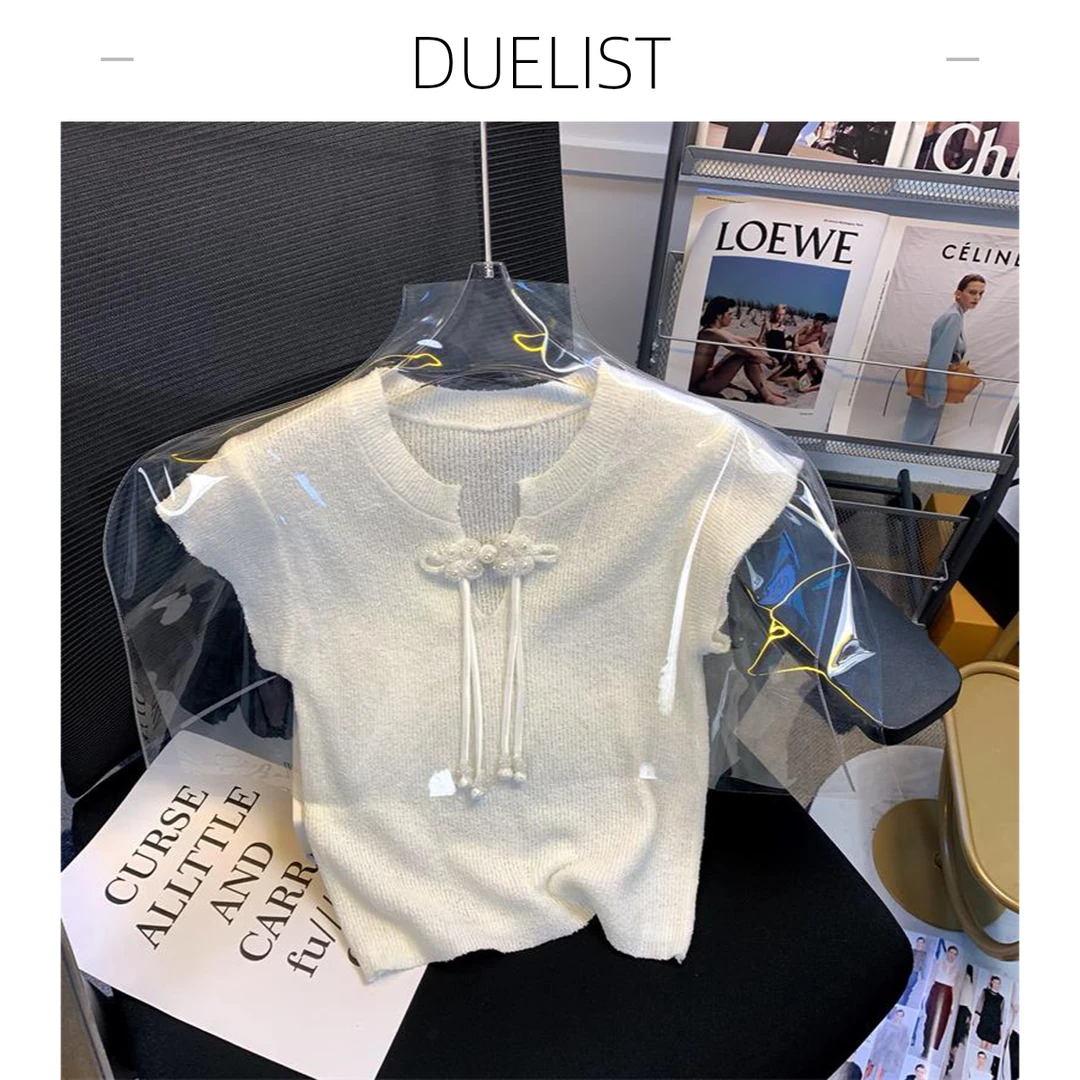 DUELIST新中式复古盘扣针织衫女夏曼波风短袖恤短款蓝色坎肩上衣
