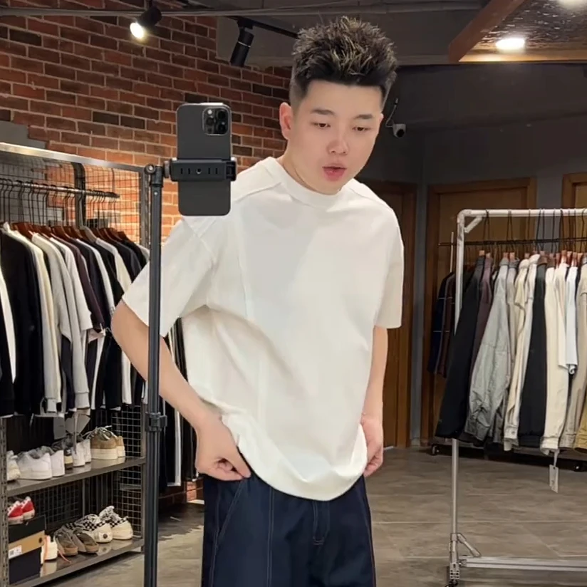 南通大个同款夏季美式线条时尚T字裁剪设计款纯色圆领休闲短袖T恤