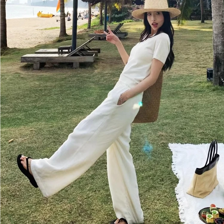 （默认微瑕）日系棉麻阔腿裤女宽松松弛感白色休闲直筒显瘦亚麻长裤