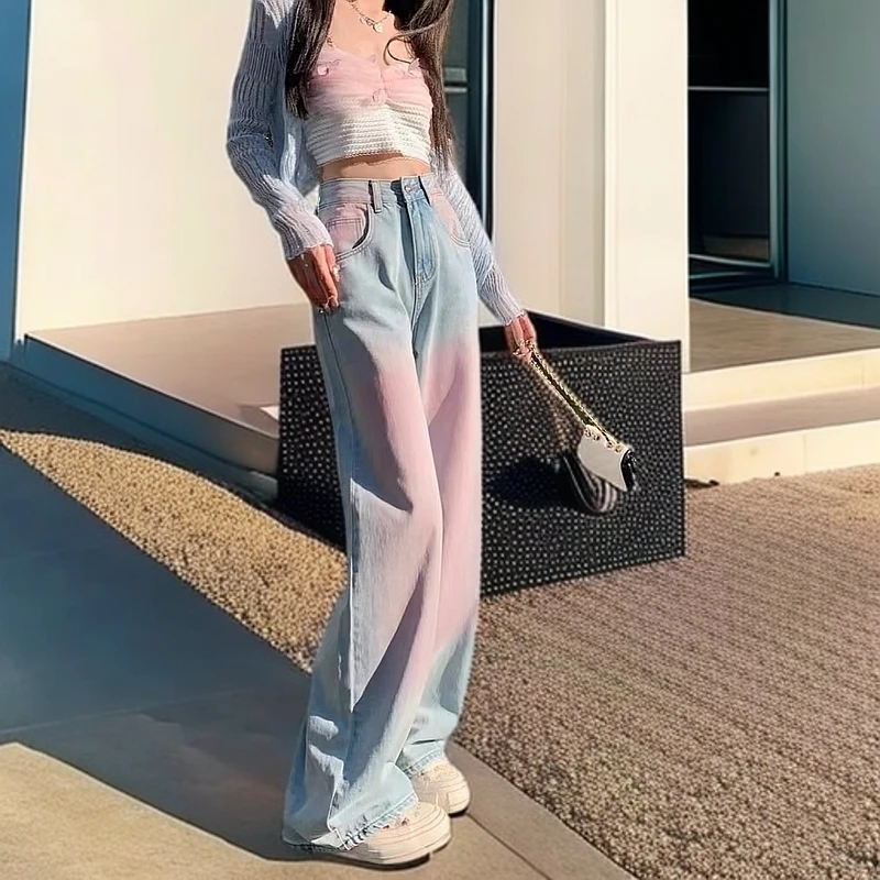 复古水洗粉色渐变腮红牛仔裤子直筒款春爆款高腰春游出行女裤