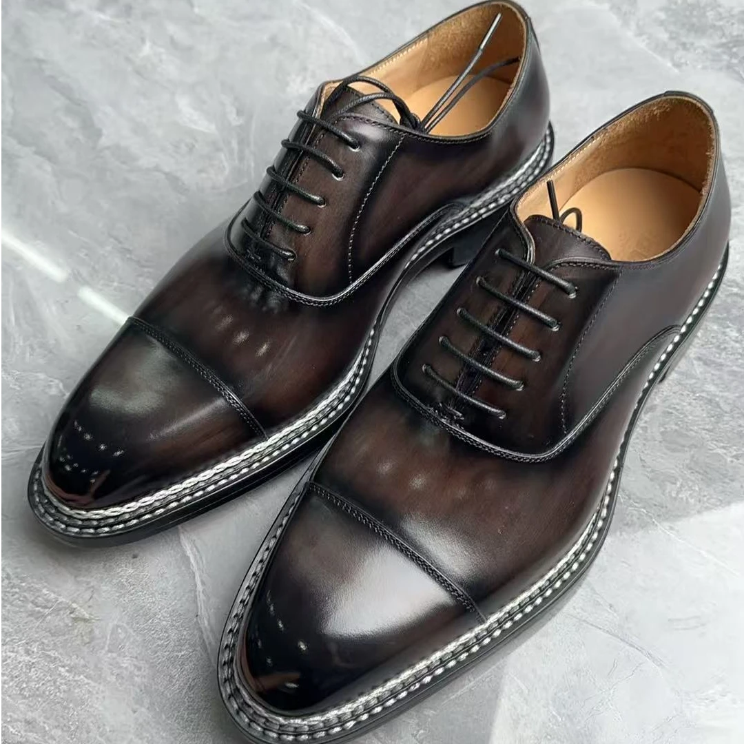 【Bujan】意大利进口擦色小牛皮牛津三接头木色挪威缝四线圆头系带