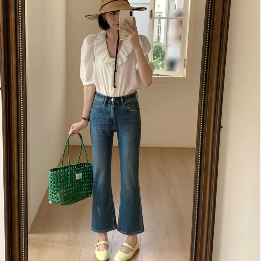 83383早春新款小个子牛仔裤微喇牛仔裤蓝色九分裤